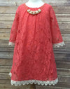 Floral Lace Dress With a Pearl Necklace - Coral