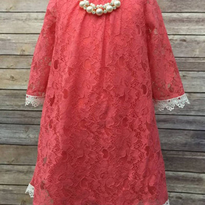Floral Lace Dress With a Pearl Necklace - Coral