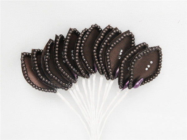 144 Chocolate Poly Corsage and Boutonniere Wired Craft Leafs With Faux Pearls & Rhinestones For DYI Wedding Projects