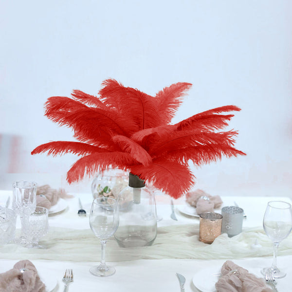 12 Pack | 13"-15" Natural Plume Real Ostrich Feathers Vase Centerpiece - Red