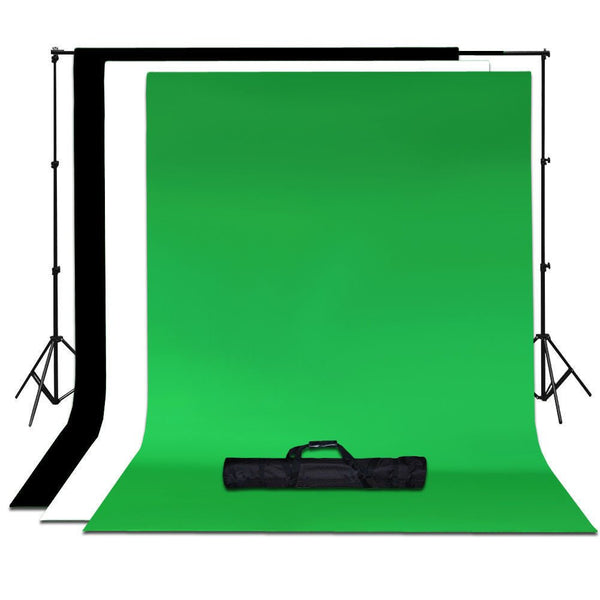 10Ft Background Support System, 600W 6500K White Umbrella Lighting Photo Video Studio Kit With Chromakey Background Muslins (Green Black White) - Free Carry Case