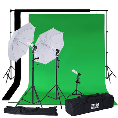 10Ft Background Support System, 600W 6500K White Umbrella Lighting Photo Video Studio Kit With Chromakey Background Muslins (Green Black White) - Free Carry Case