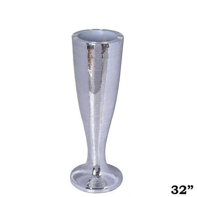 32" Silver Polystone Trumpet Floor Mirrored Mosaic Vases