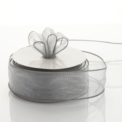 1.5" x 10 Yards Organza Ribbon With Wired Edge - Silver