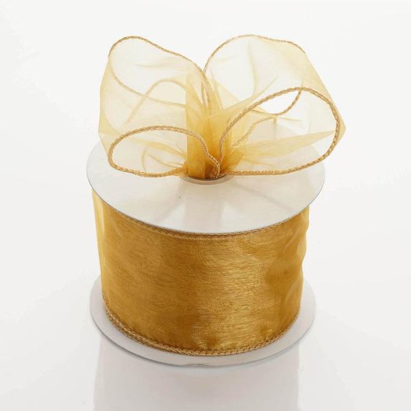 2.5" x 10 Yards Organza Ribbon With Wired Edge - Gold