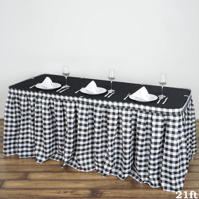 21FT Perfect Picnic Inspired White/Black Checkered Polyester Table Skirt For Wedding Party Event