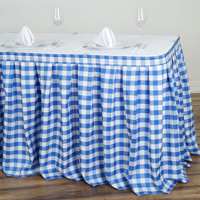 14FT Perfect Picnic Inspired White/Blue Checkered Polyester Table Skirt For Wedding Party Event