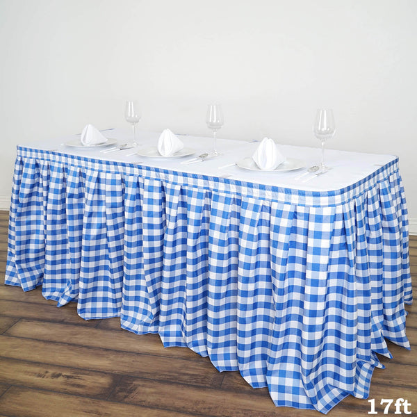 17FT Perfect Picnic Inspired White/Blue Checkered Polyester Table Skirt For Wedding Party Event