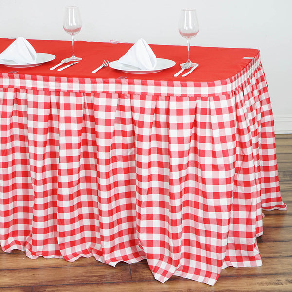 17FT Perfect Picnic Inspired White/Red Checkered Polyester Table Skirt For Wedding Party Event