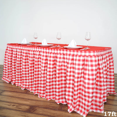 17FT Perfect Picnic Inspired White/Red Checkered Polyester Table Skirt For Wedding Party Event