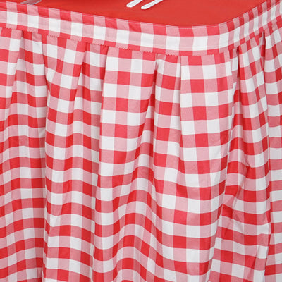 21FT Perfect Picnic Inspired White/Red Checkered Polyester Table Skirt For Wedding Party Event